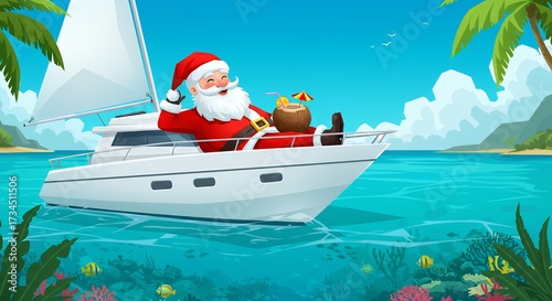 Santa claus sailing a yacht on tropical waters with palm trees festive illustration