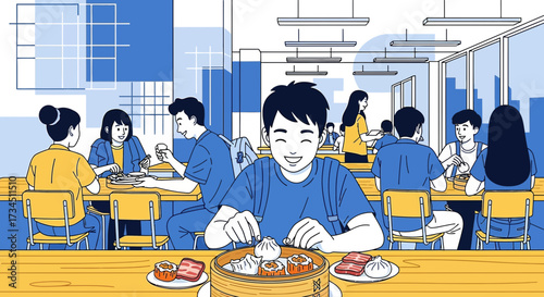 Vibrant dining scene featuring happy young people enjoying a meal in a modern and stylish