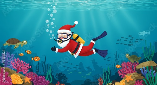 Santa claus scuba diving in ocean underwater illustration