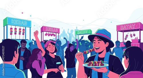 Vibrant food festival scene featuring crowds enjoying kebab and satay with cheerful ambiance