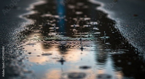Close-up view of rain falling into a puddle, reflecting the sky's hues of twilight.
