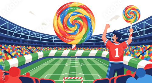 Vibrant football stadium with cheering fans giant lollipops and enthusiastic player vector