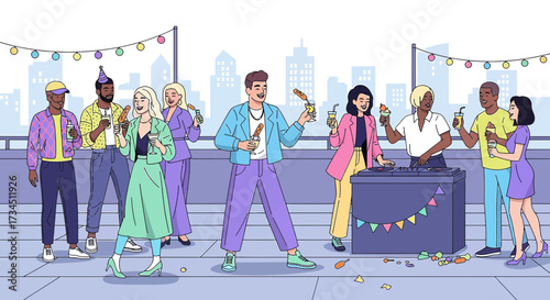 Vibrant rooftop party with diverse people enjoying drinks and music against city backdrop