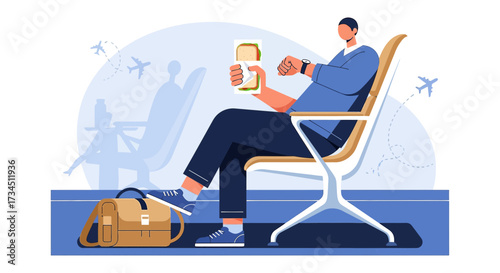 Waiting for flight departure in airport terminal with sandwich and travel bag illustration