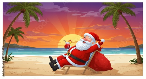 Santa relaxing on a tropical beach at sunset cartoon illustration