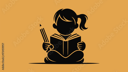 Inspiring young minds with a love for reading and learning, a silhouette illustration of a girl engrossed in a book with a pencil in hand