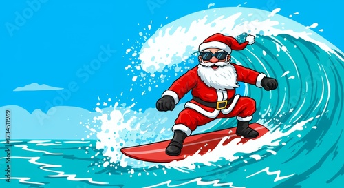 Surfing santa claus enjoying ocean waves on a sunny day