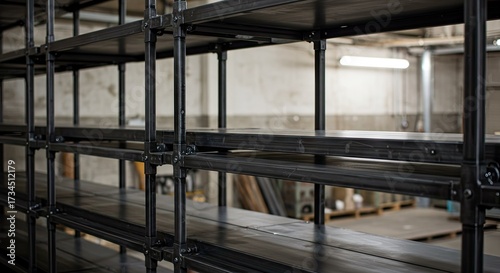 Industrial-style shelving unit with multiple levels and black accents.