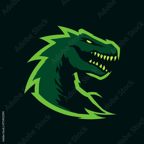 A fierce, emerald green reptilian head is depicted with sharp teeth and intense, yellow eyes