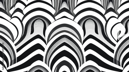 Abstract black and white pattern with repeating curved shapes, creating an optical illusion of depth and movement.
