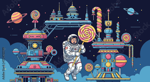 Whimsical Space Adventure: An Astronaut's Journey Through a Candy-Themed Sci-Fi World