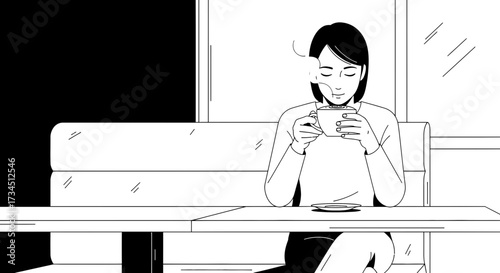 Woman enjoying a moment with coffee at a cafe in monochrome style illustration