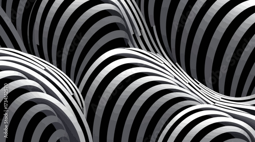 Abstract black and white striped pattern creating a wavy, three-dimensional optical illusion with depth and dynamic movement.