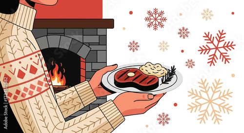 Winter Comfort: A Delicious Steak Dinner by the Fireplace in a Festive Atmosphere