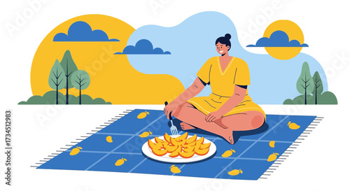 Woman enjoying fresh mangoes on a picnic blanket under a sunny sky outdoors illustration