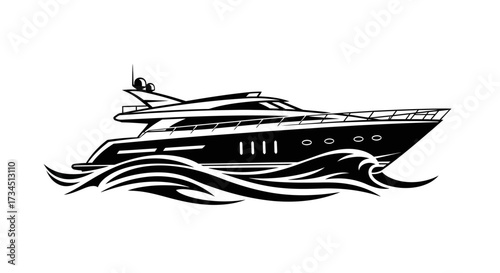 A stylized black and white illustration of a yacht sailing on stylized waves.