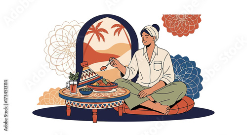 Woman enjoying traditional Moroccan cuisine in a serene and tranquil environment indoors