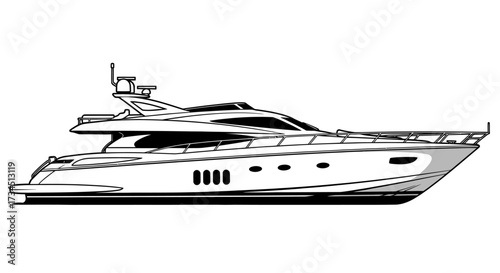 A sleek, detailed line drawing depicts a luxurious motor yacht, showcasing its design.
