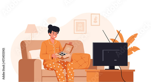 Woman in pajamas enjoying sushi takeout while watching tv on the couch at home