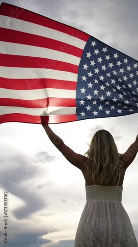 Woman Holding US Flag Under Cloudy Sky. Blonde Woman with American Flag. Patriotic Freedom Moment.