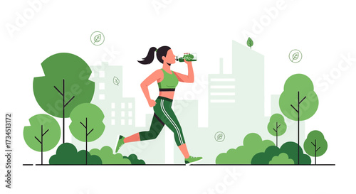 Woman Jogging and Hydrating with Green Drink in Eco-Friendly City Environment Depiction