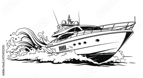 A sleek, modern yacht gracefully navigates the ocean, creating dynamic waves as it moves.