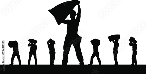 Silhouette of construction workers carrying cement bags on shoulders, heavy labor, industrial work, teamwork, construction site activity, worker silhouettes illustration