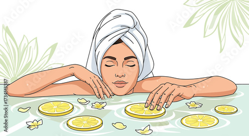 Woman relaxing in spa bath with lemon slices and floral accents, for wellness or beauty