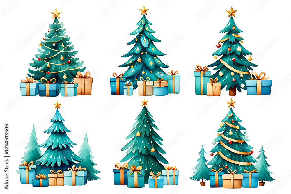 Obraz premium Festive Watercolor Christmas Trees and Gifts Illustration for Holiday Season Celebrations and Decoration