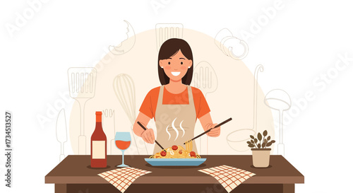 Young woman cooking pasta, cheerful chef preparing delicious food, culinary arts illustration