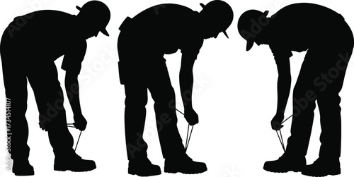 Silhouette of construction workers tying shoelaces on safety boots, workplace preparation, construction safety, worker equipment, labor readiness illustration