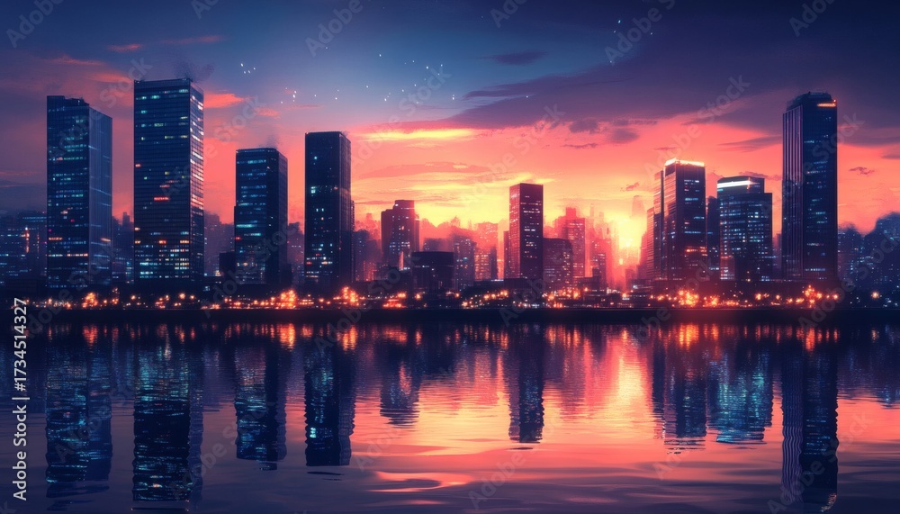 Fototapeta premium The illustration shows a cityscape at sunset with skyscrapers and city lights reflected in a calm body of water.