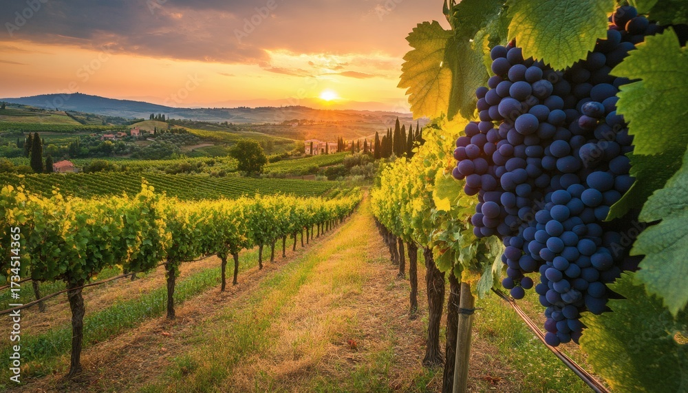 Fototapeta premium The image shows a scenic vineyard landscape during sunset, featuring rows of grapevines, a cluster of ripe grapes, and a house in the distance.