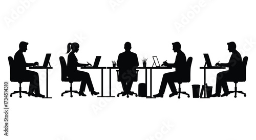 People working at desks in an office a stark black silhouette