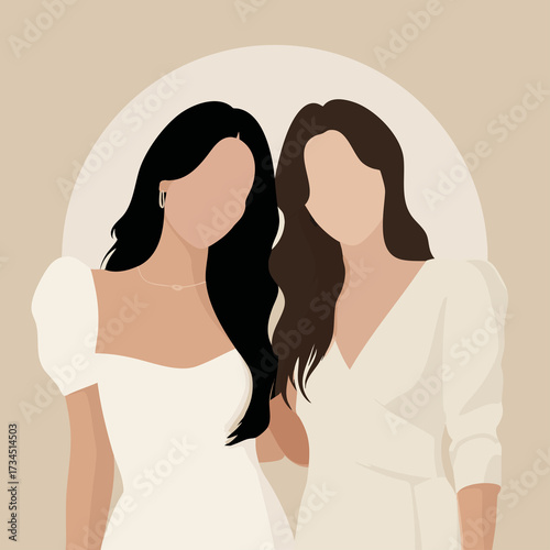 Bride and bridemaid, minimal illustration of two women with dark hair on a cream background in white and cream dresses
