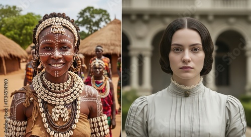 Contrasting Portraits - African Woman in Traditional Attire vs. European Woman.