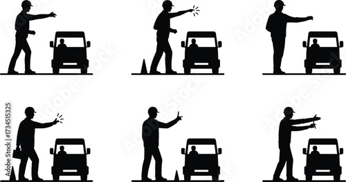 Silhouette of construction workers directing traffic with hand signals, road safety control, traffic management at construction site, workers guiding vehicles illustration
