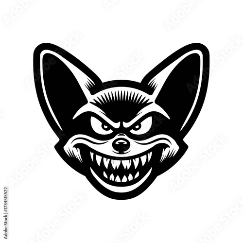 A black and white illustration of a cartoonish angry animal face with large fangs and pointy ears