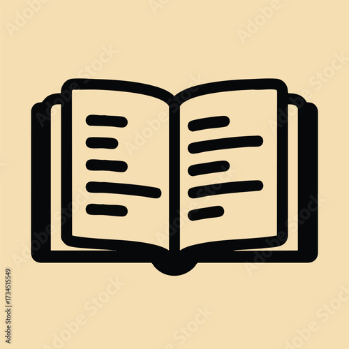 Open book with text pages, symbolizing reading, learning, education, and knowledge sharing in a minimalistic style