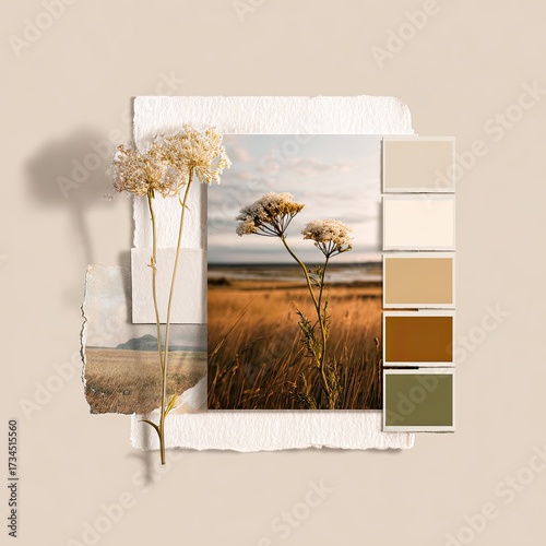 Floral collage dry plants, field photo, color palette