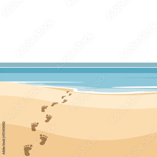 A trail of footprints in the sand leading towards the calm blue ocean on a tranquil beach.