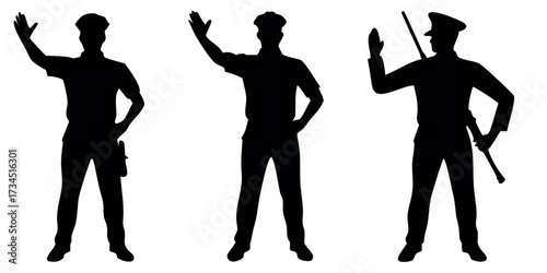 Vector Silhouette Set of Police Officers with Baton Saluting and Directing Traffic