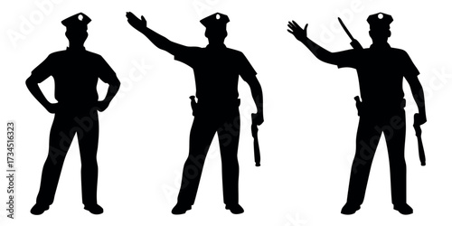 Vector Silhouette Set of Police Officers with Baton Saluting and Directing Traffic