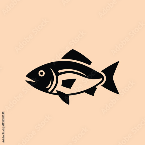 Simplified black silhouette of a fish with fins, tail, and eye on a light , representing aquatic life and marine creatures