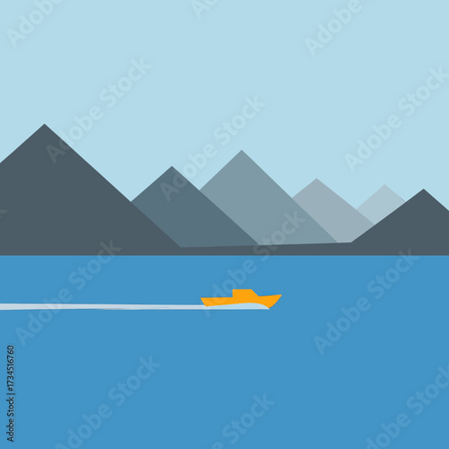 Minimalist illustration of a yellow boat sailing on a blue lake with mountains in the background.