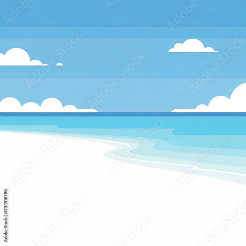 A serene and minimalist vector illustration of a tropical beach with white sand, blue ocean, and a clear sky.