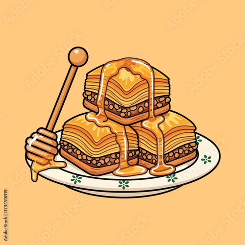 Delicious Baklava Dessert with Honey Drizzle and Dipper on a Plate
