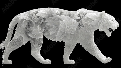 Black - and - white mandala - style vector illustration of a tiger, suitable for coloring books, decorations, digital projects, etc., with intricate patterns and minimalist design.