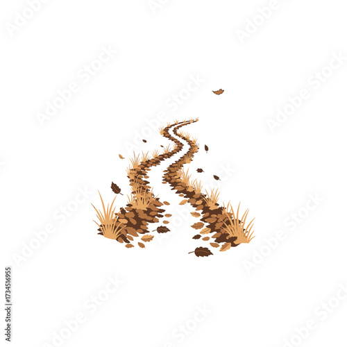 A winding dirt path with dry grass and fallen leaves, suggesting a rural or natural setting.