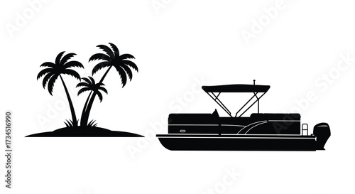 Tropical island scene with a pontoon boat palm trees and a dark silhouette